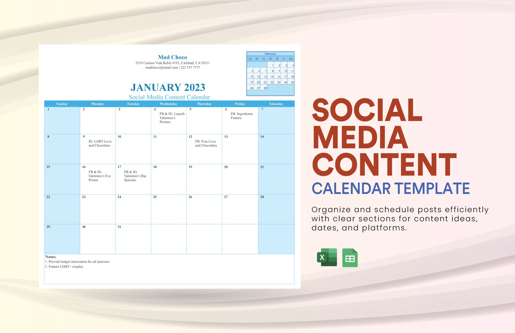 Social Media Content Calendar Template in Excel, Google Sheets