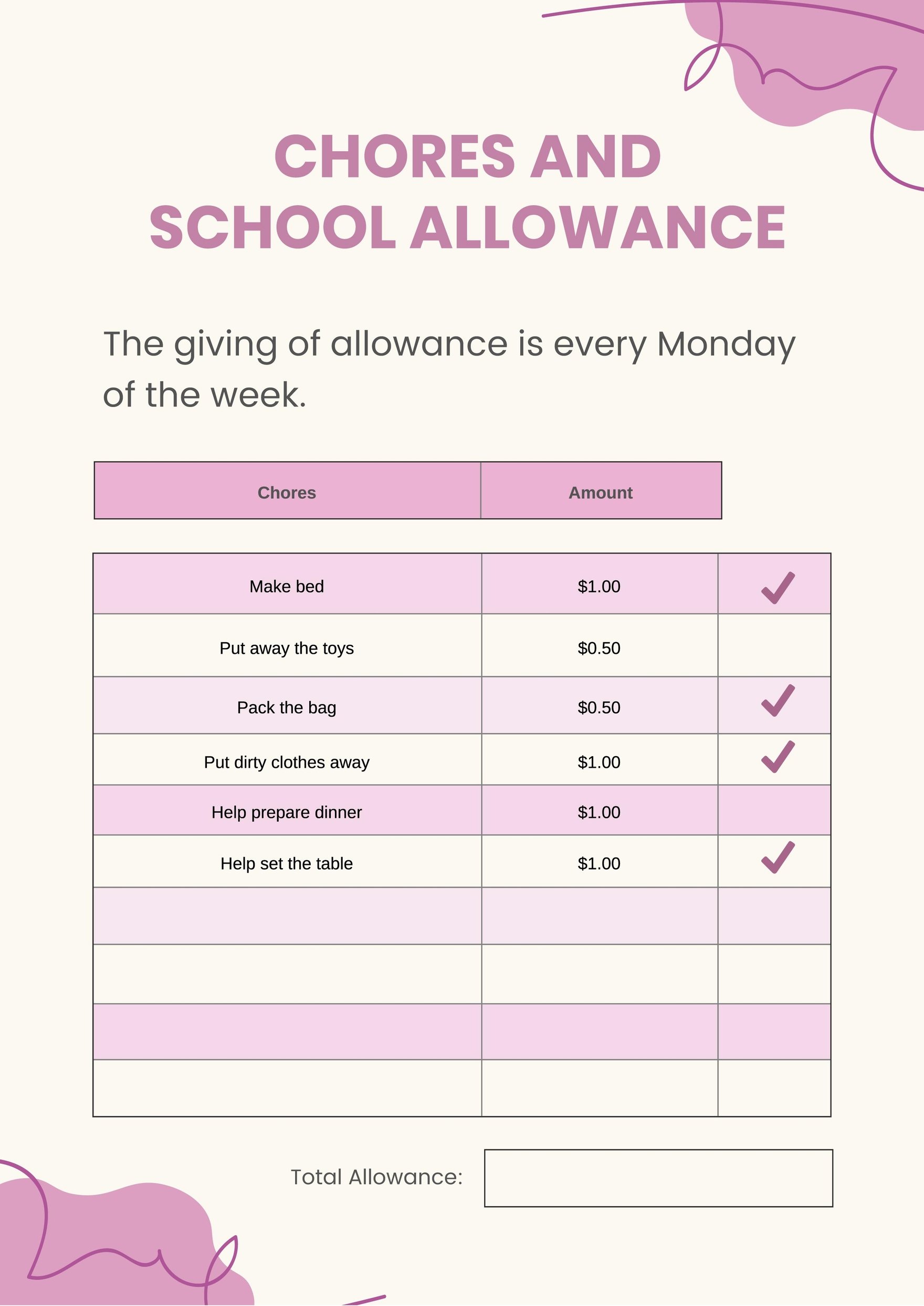 School Allowance Chart For Kids