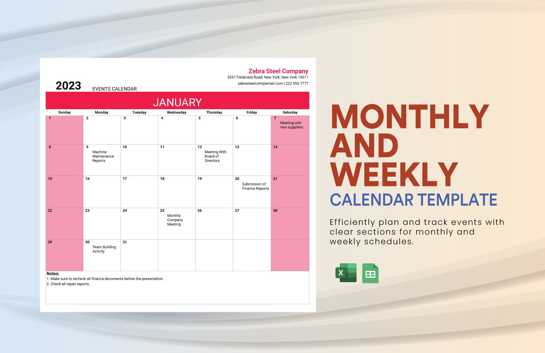 Monthly and Weekly Calendar in Excel, Google Sheets