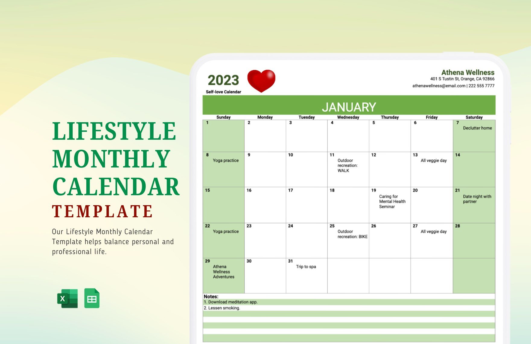 Lifestyle Monthly Calendar in Excel, Google Sheets