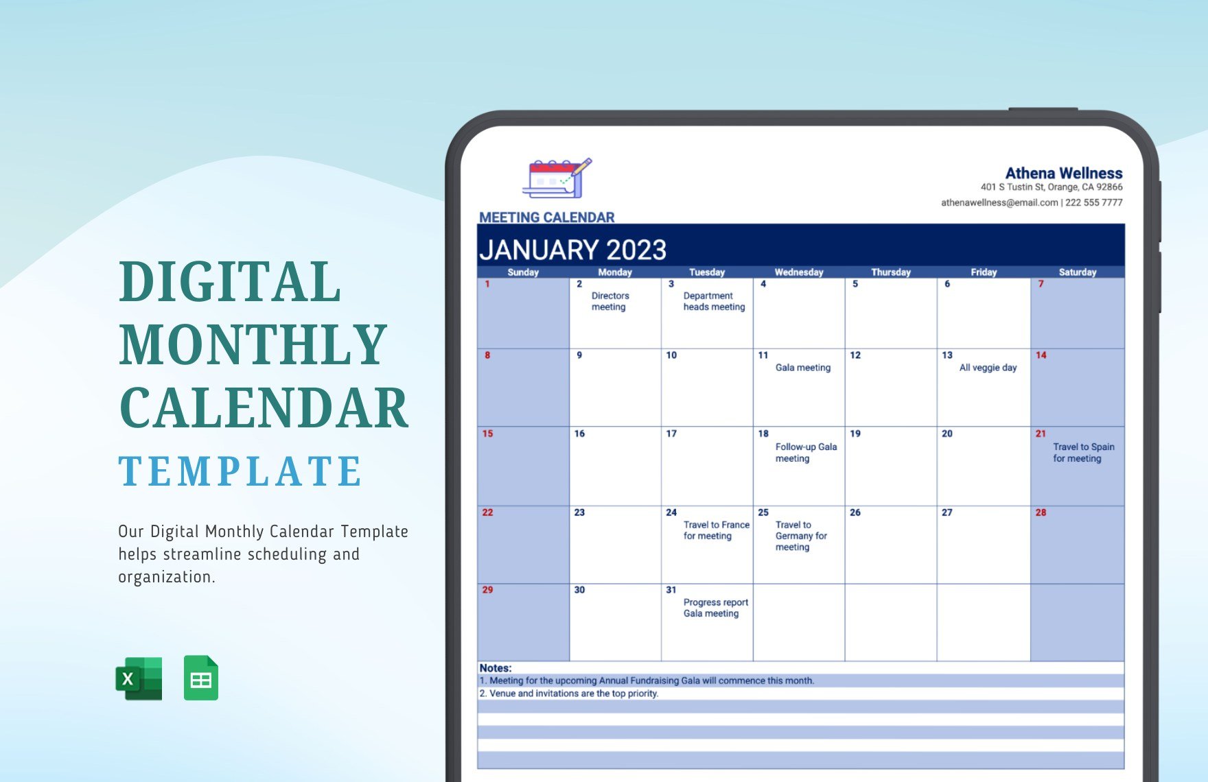 Digital Monthly Calendar Template in Excel, Google Sheets