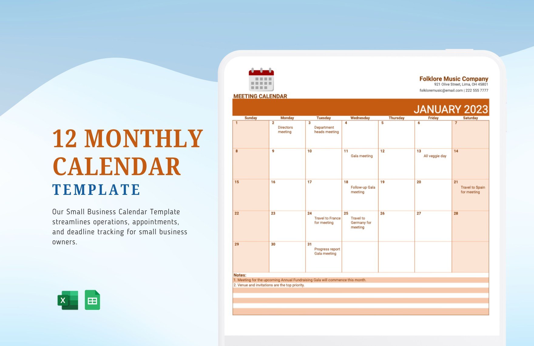 12 Monthly Calendar in Excel, Google Sheets
