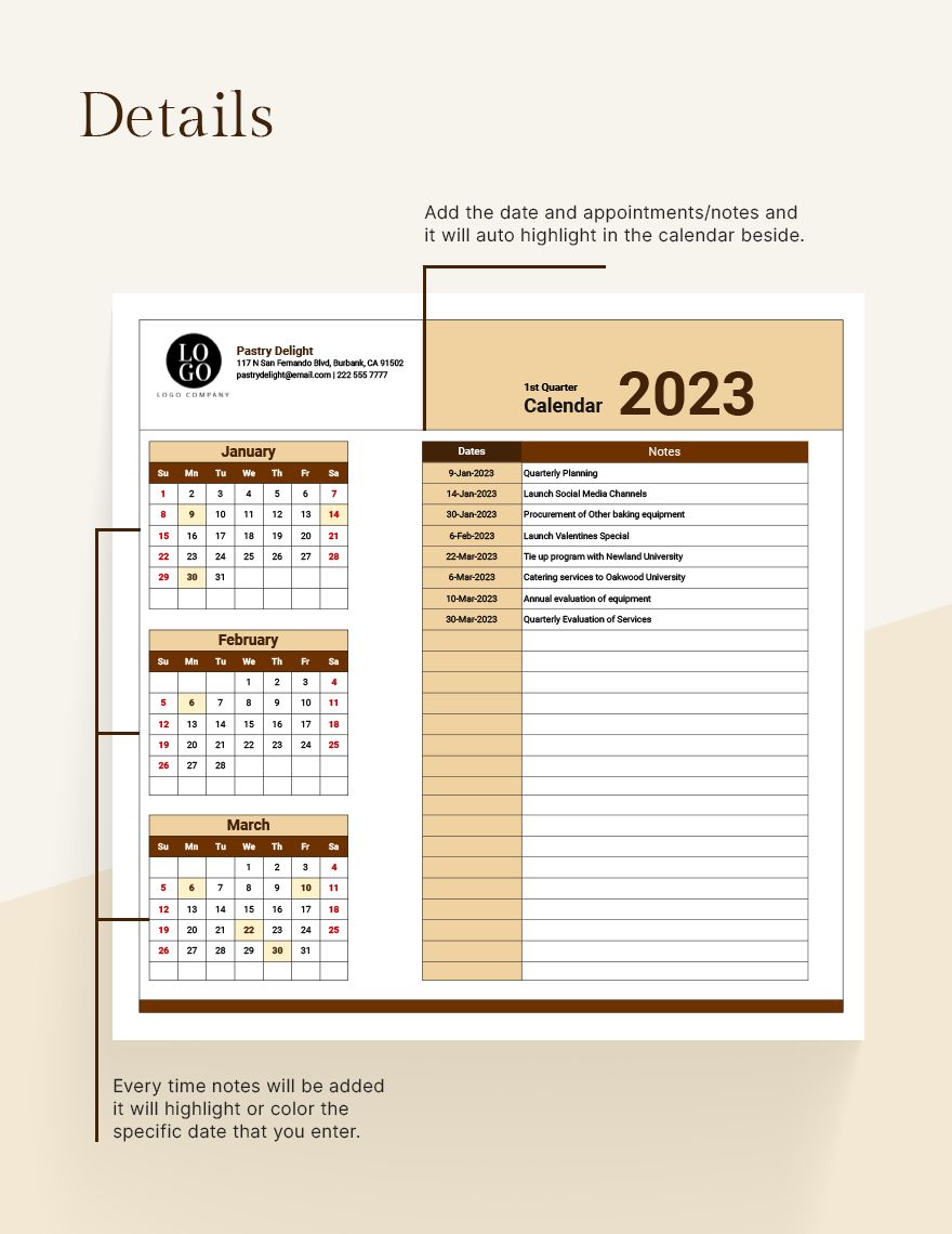 Small Business Calendar Google Sheets, Excel