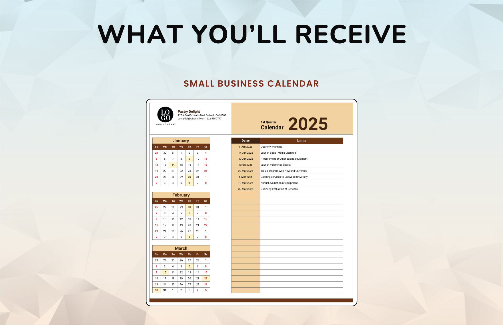 Small Business Calendar Template