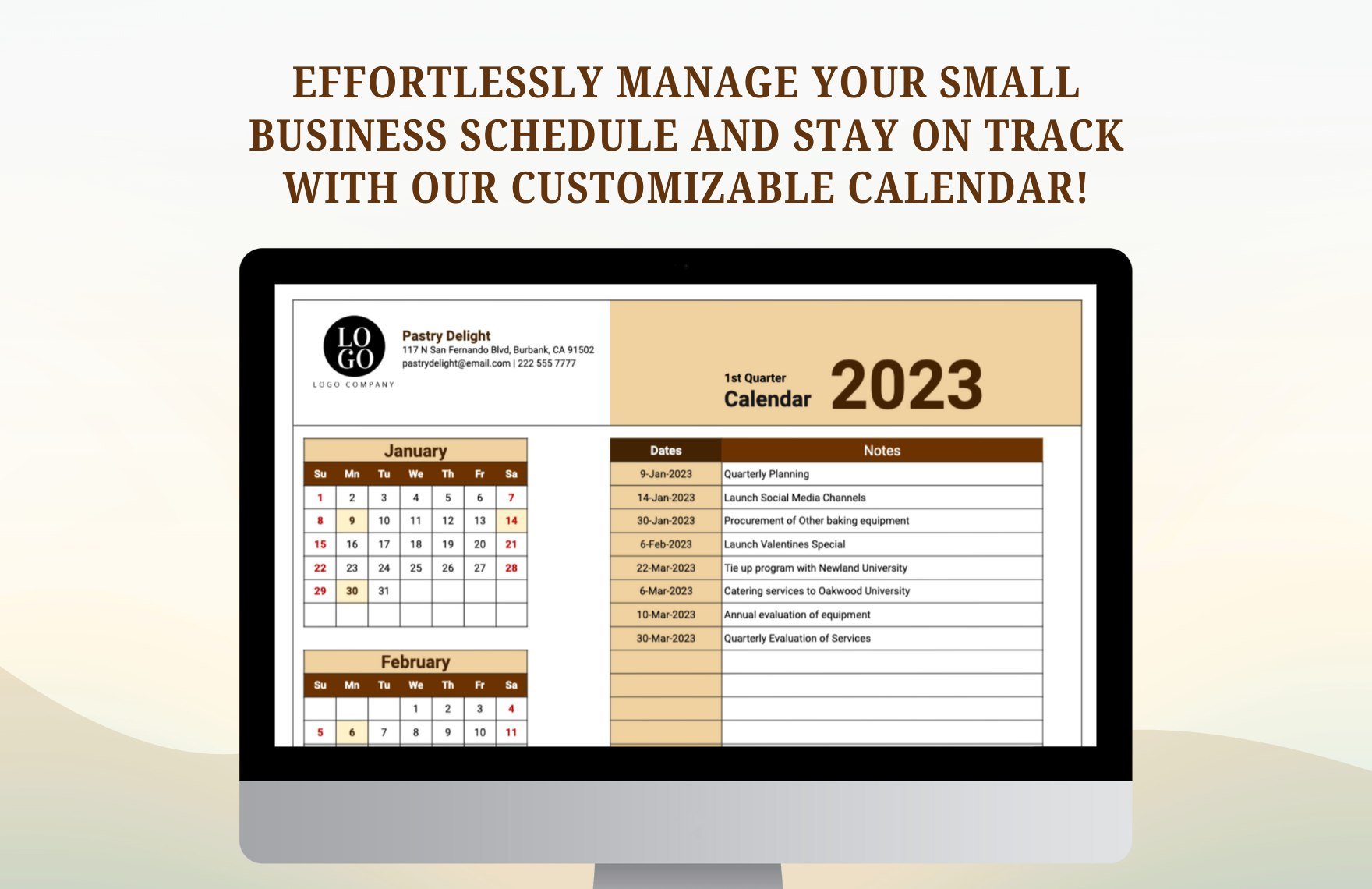 Small Business Calendar Template