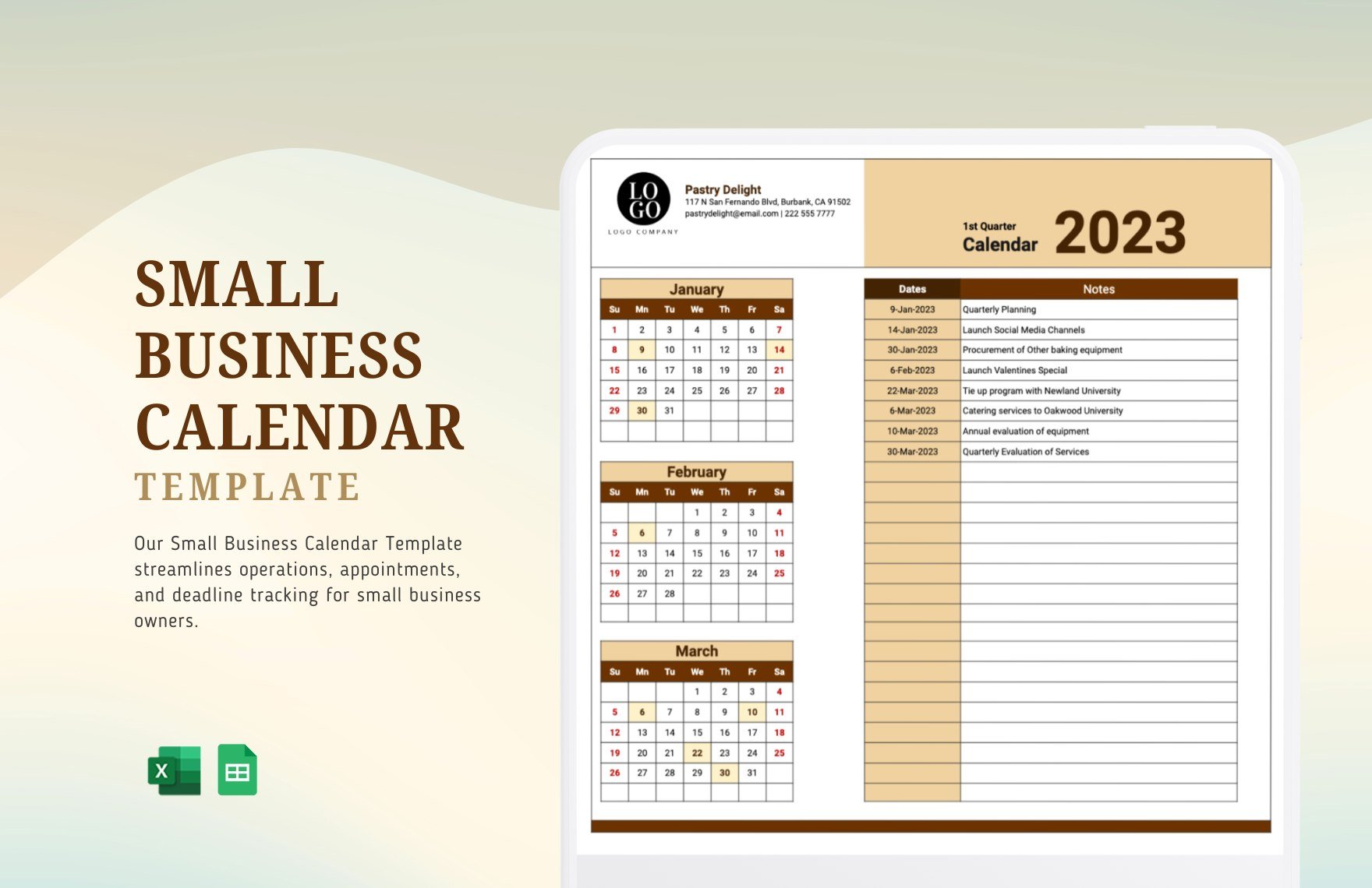 Small Business Calendar Template in Excel, Google Sheets