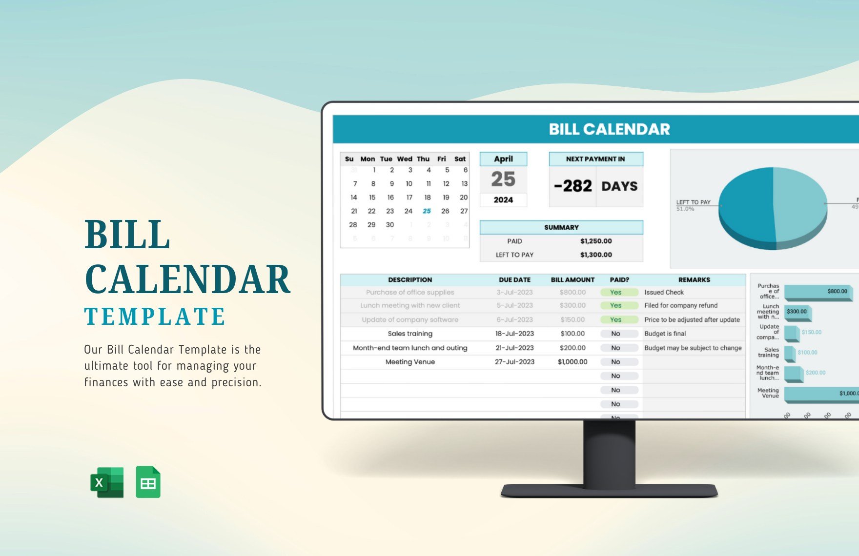 Bill Calendar Template in Excel, Google Sheets