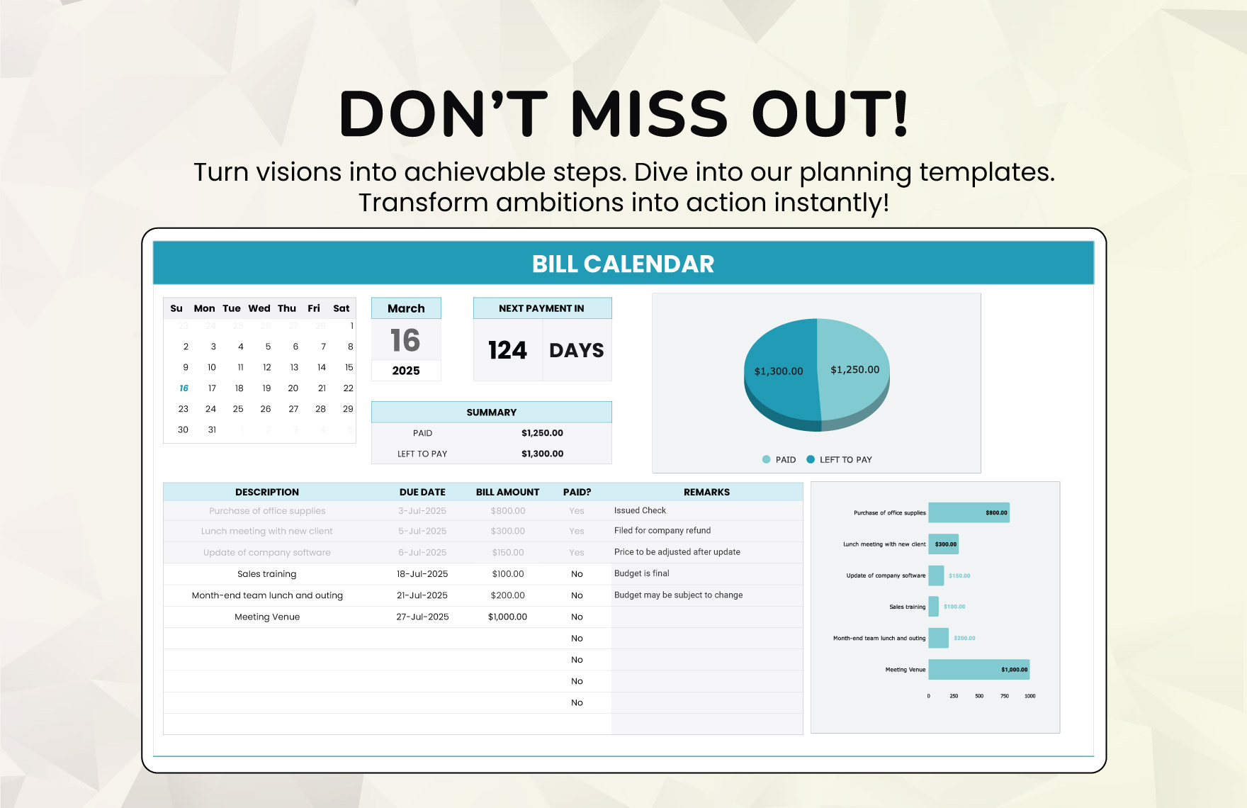 Bill Calendar Template