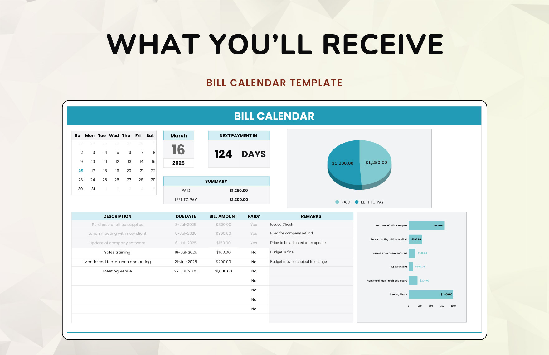 Bill Calendar Template