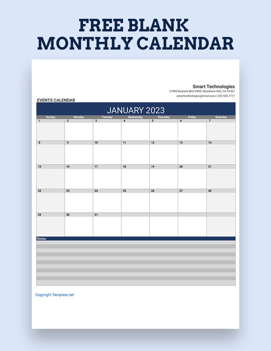 Free Blank Monthly Calendar Google Sheets, Excel