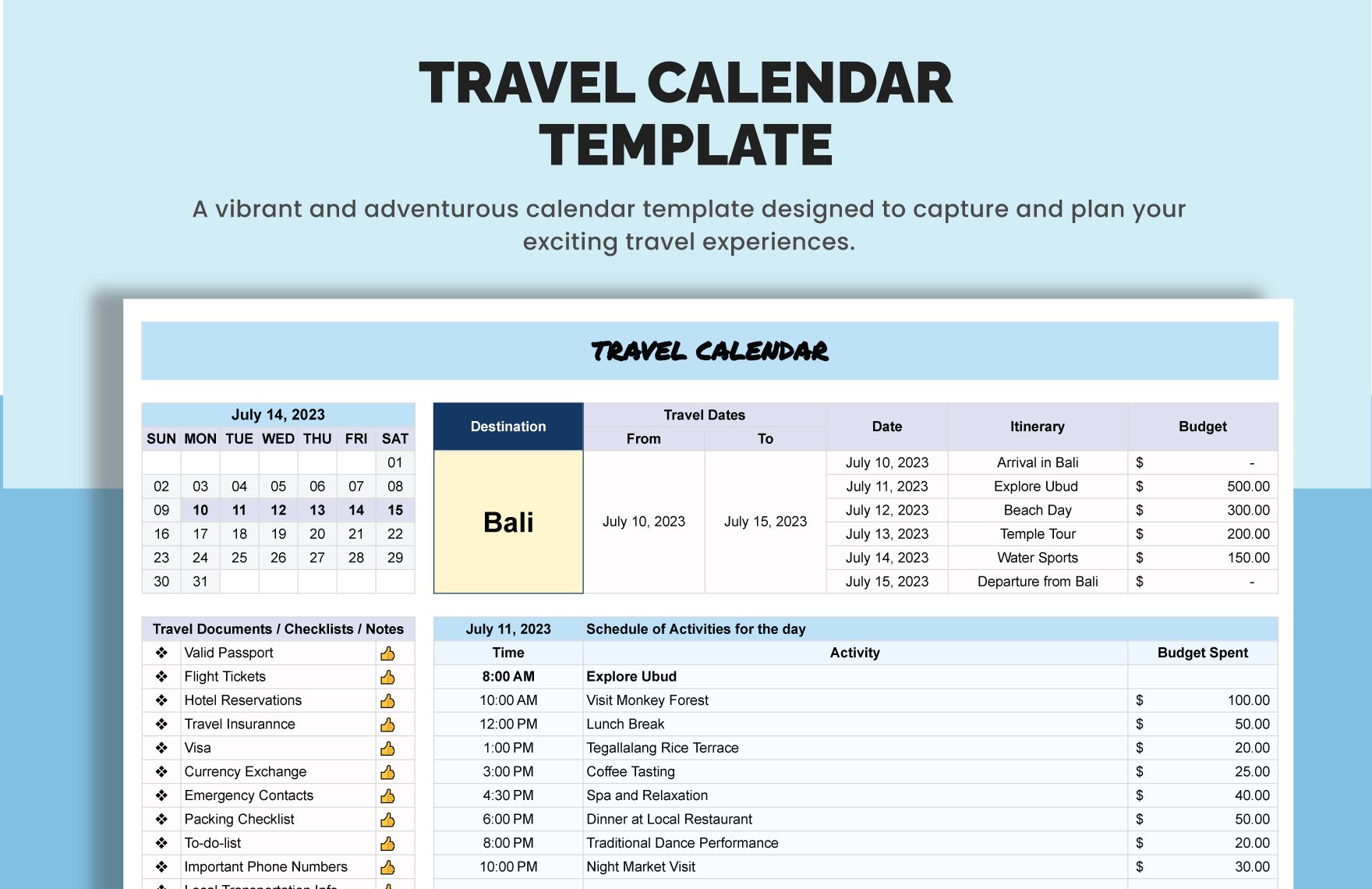 Travel Calendar Template Download in Excel, Google Sheets