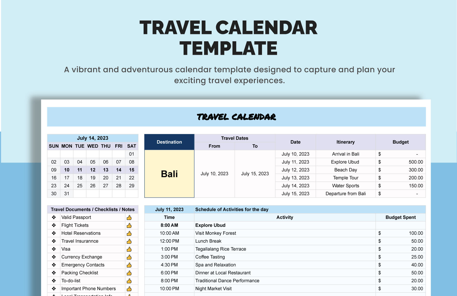Travel Calendar Template Download In Excel Google Sheets Template