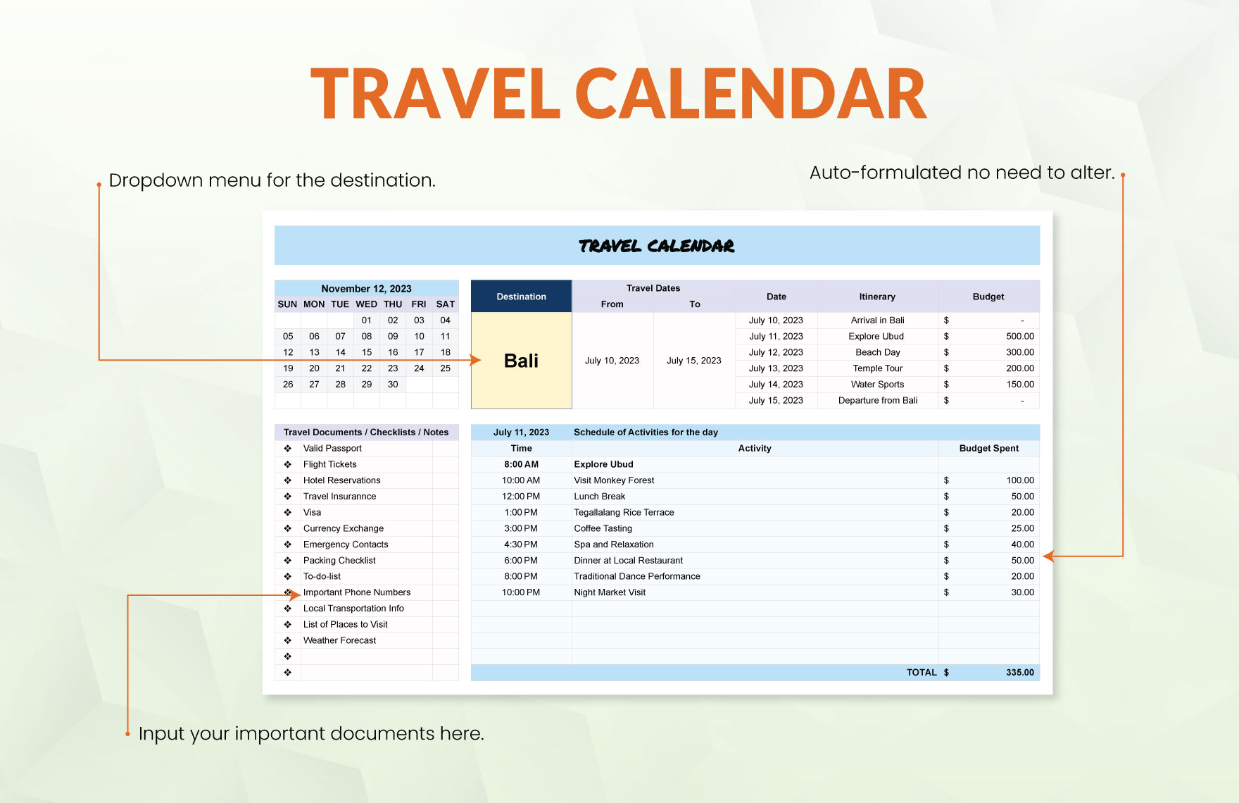 Travel Calendar Template