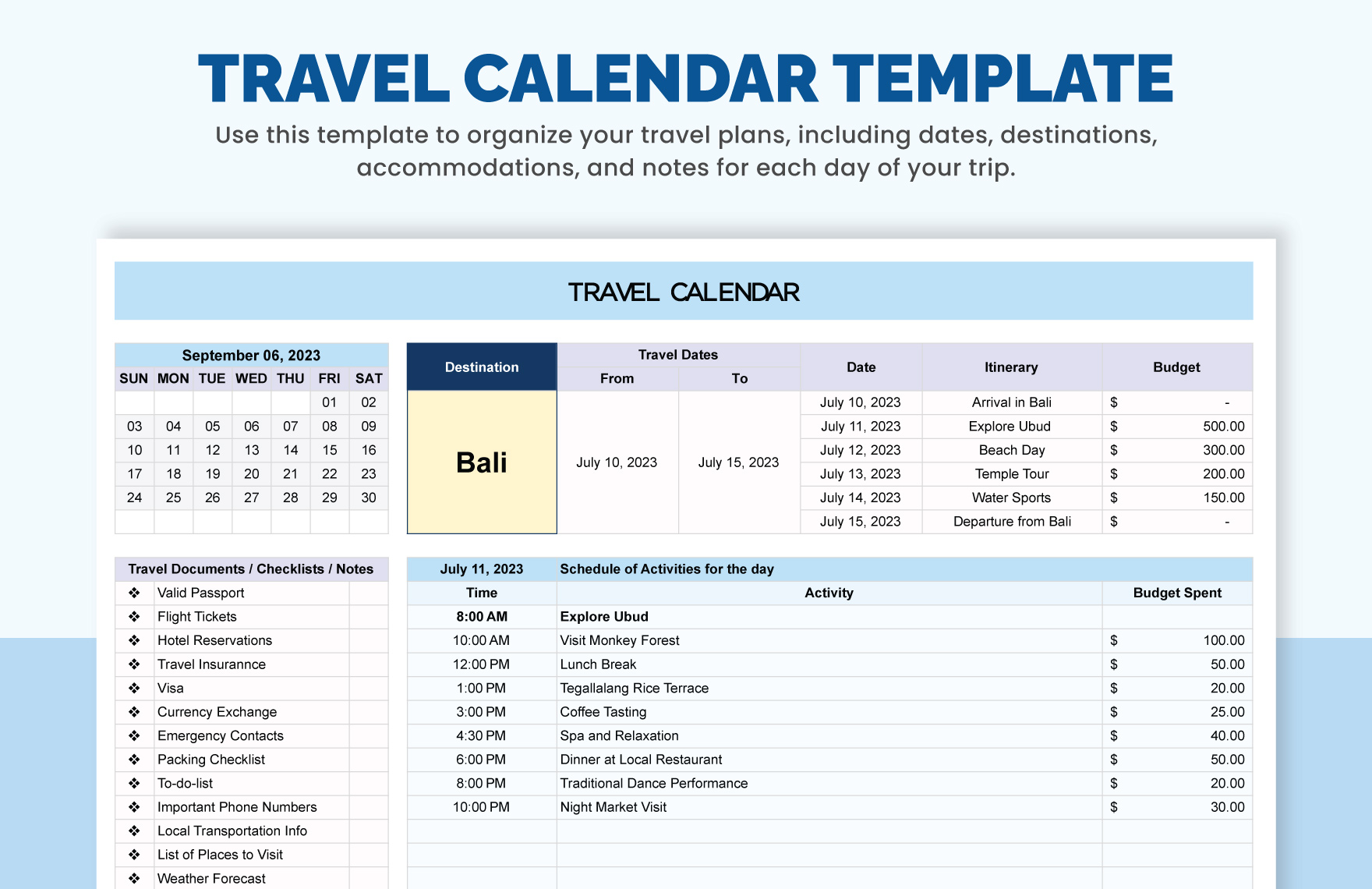 Travel Calendar Template