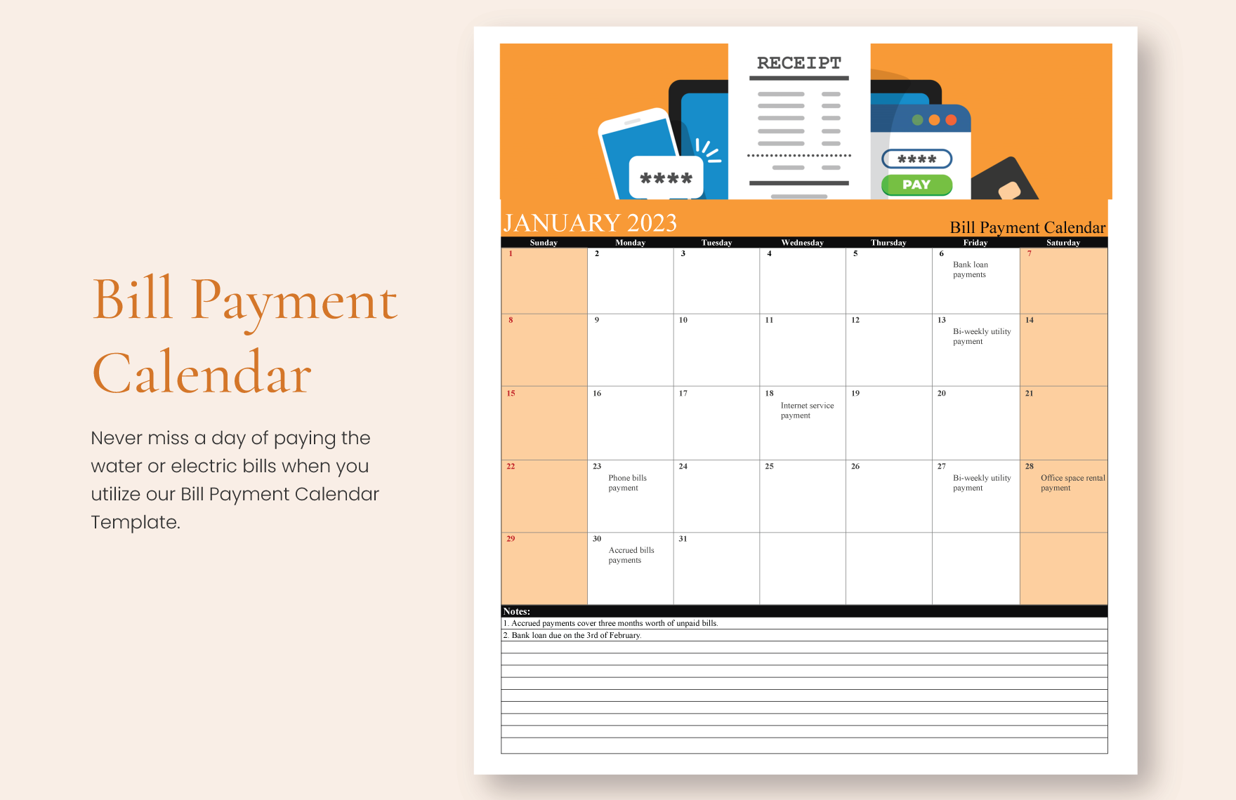 Bill Payment Calendar Google Sheets, Excel