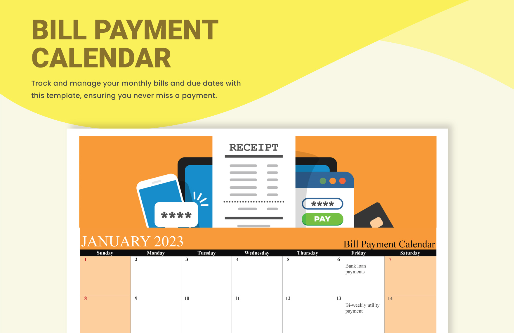 Bill Payment Calendar in Excel, Google Sheets - Download | Template.net