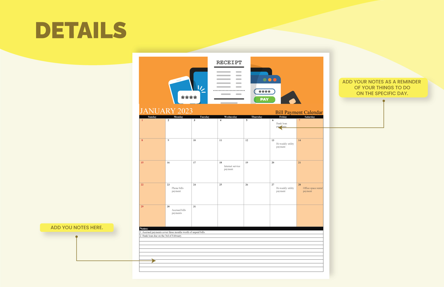 Bill Payment Calendar in Excel, Google Sheets - Download | Template.net Bill Payment Calendar in Excel, Google Sheets - Download | Template.net