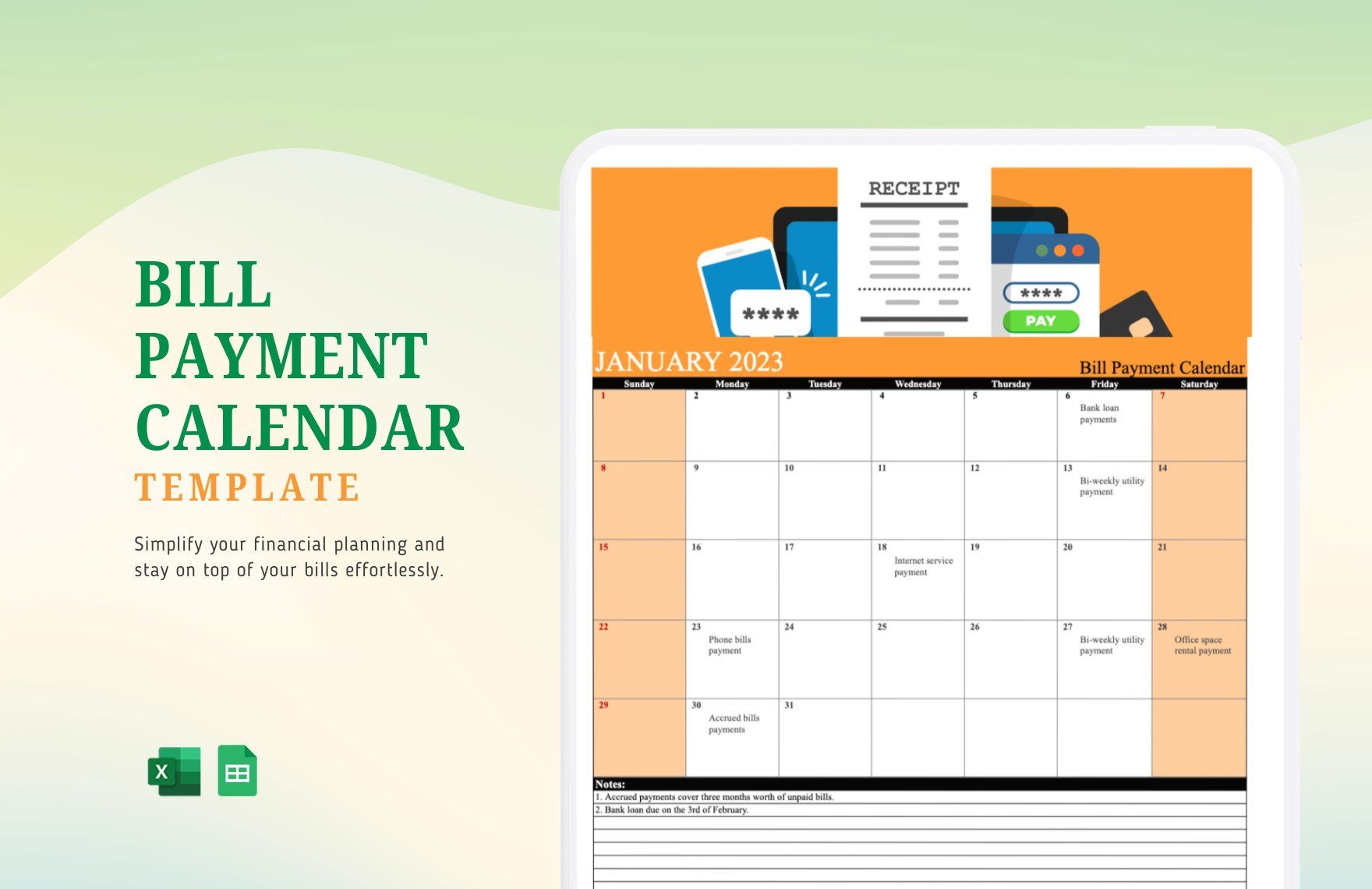 Free Bill Payment Calendar in Excel, Google Sheets