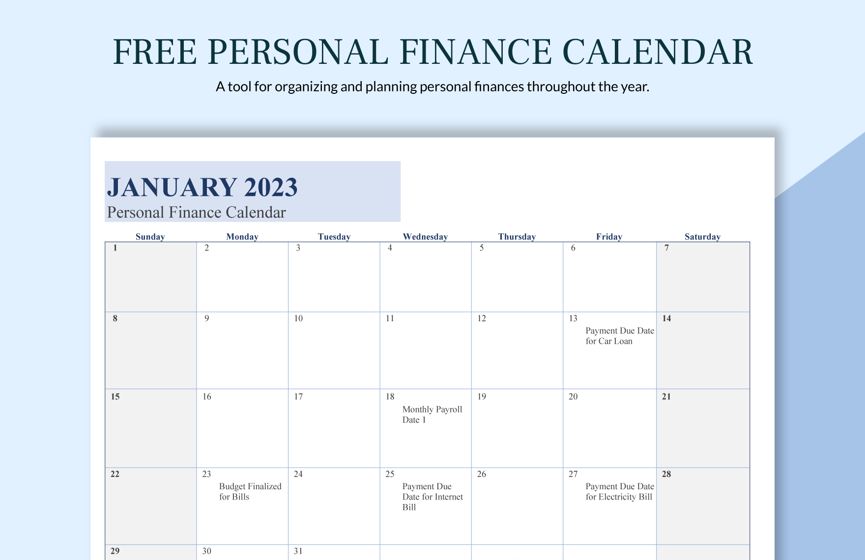 Free Personal Finance Calendar