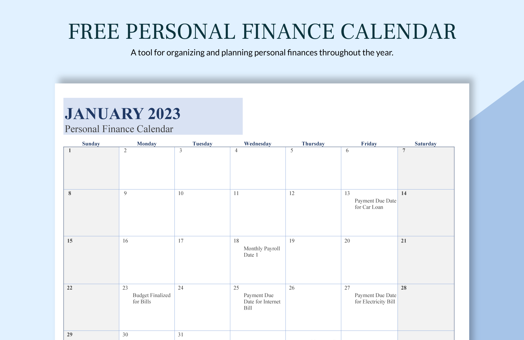 Personal Finance Calendar in Excel, Google Sheets - Download | Template.net Personal Finance Calendar in Excel, Google Sheets - Download | Template.net