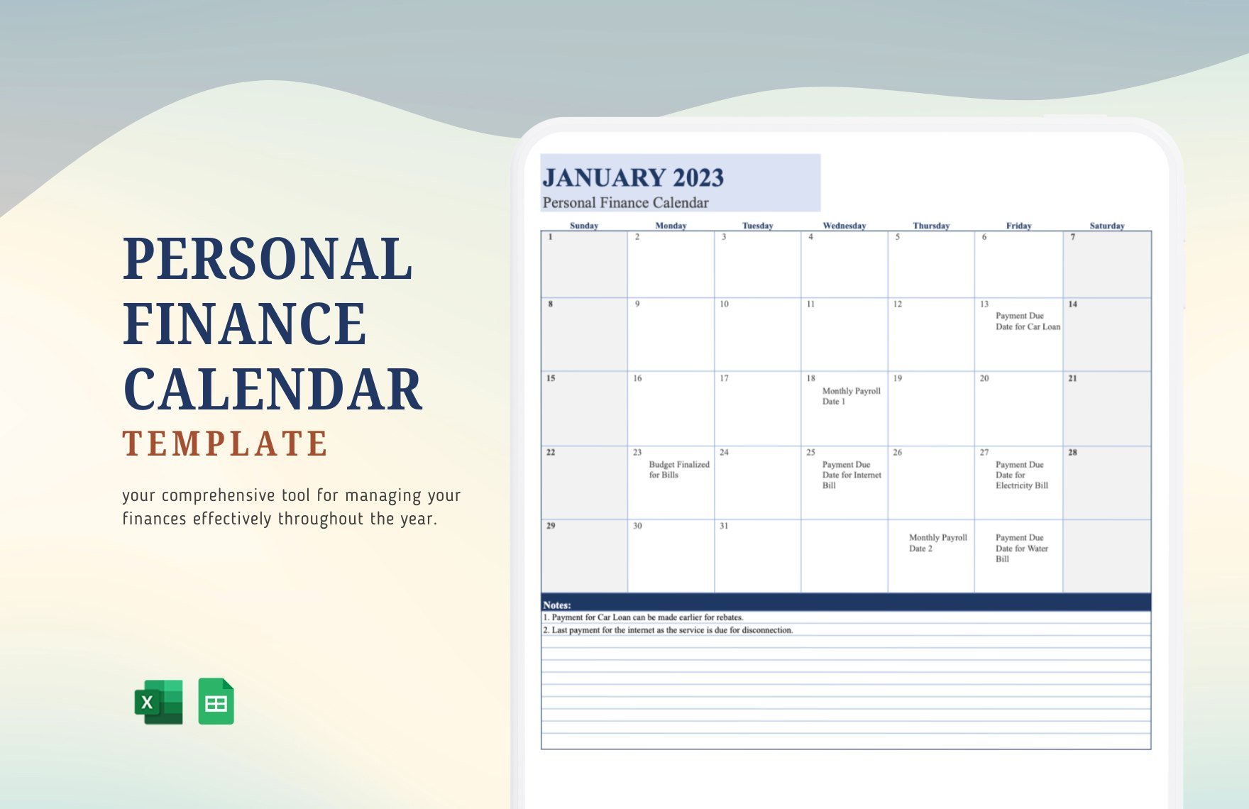 Personal Finance Calendar Template in Excel, Google Sheets