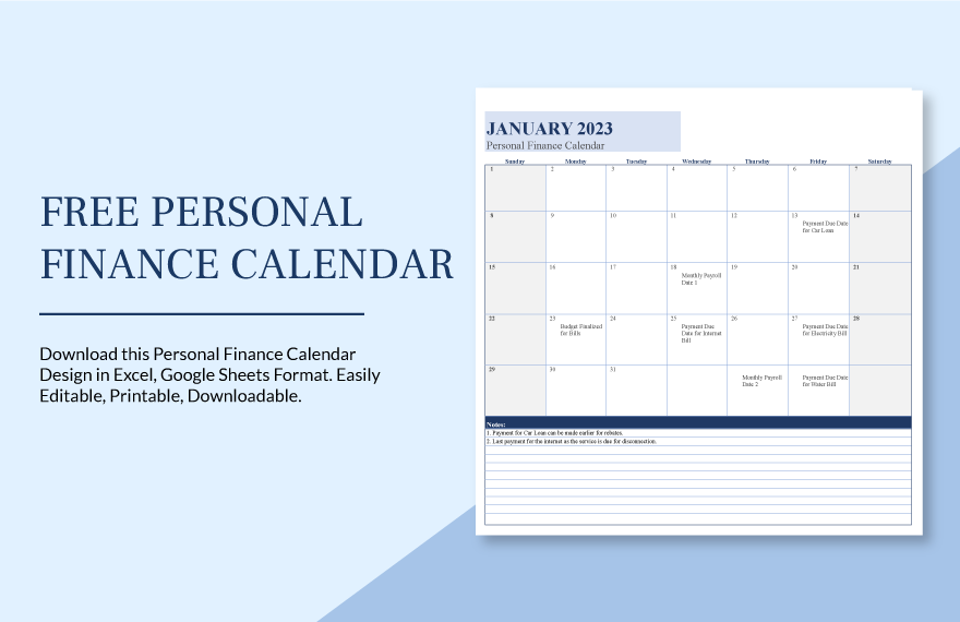 Free Personal Finance Calendar Google Sheets, Excel