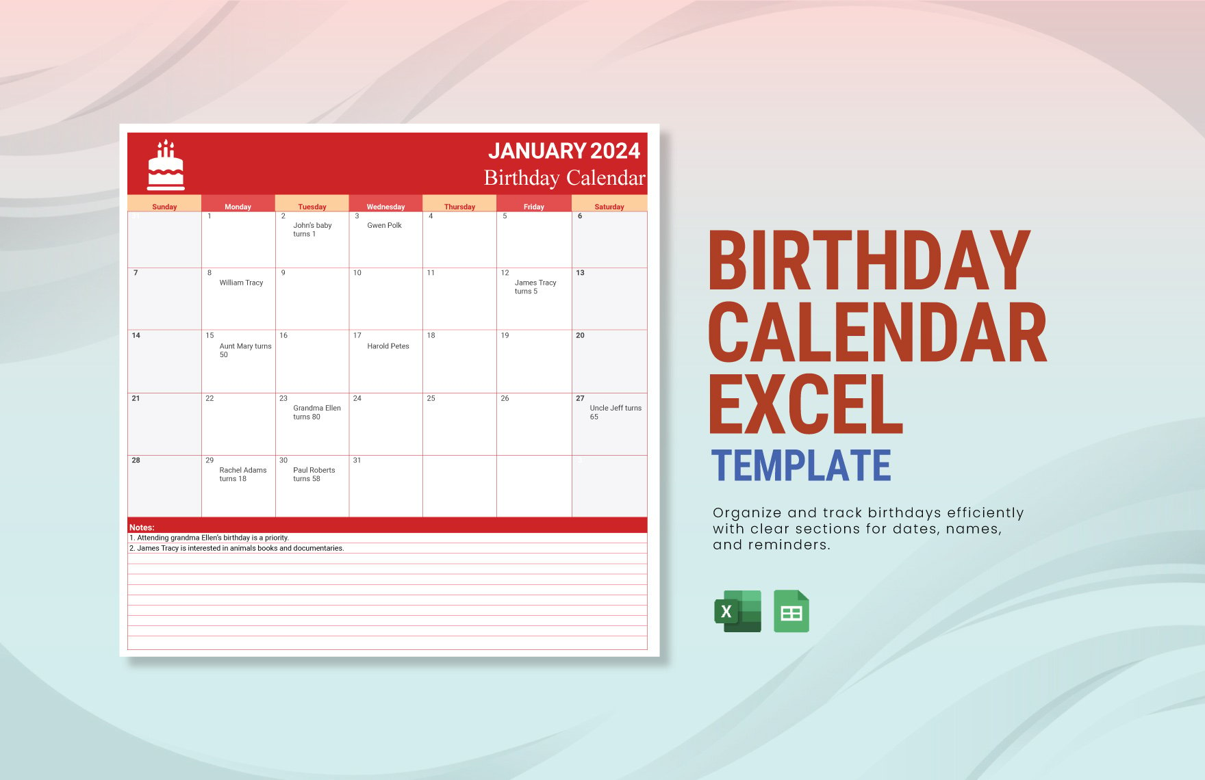Birthday Calendar Excel Template in Excel, Google Sheets