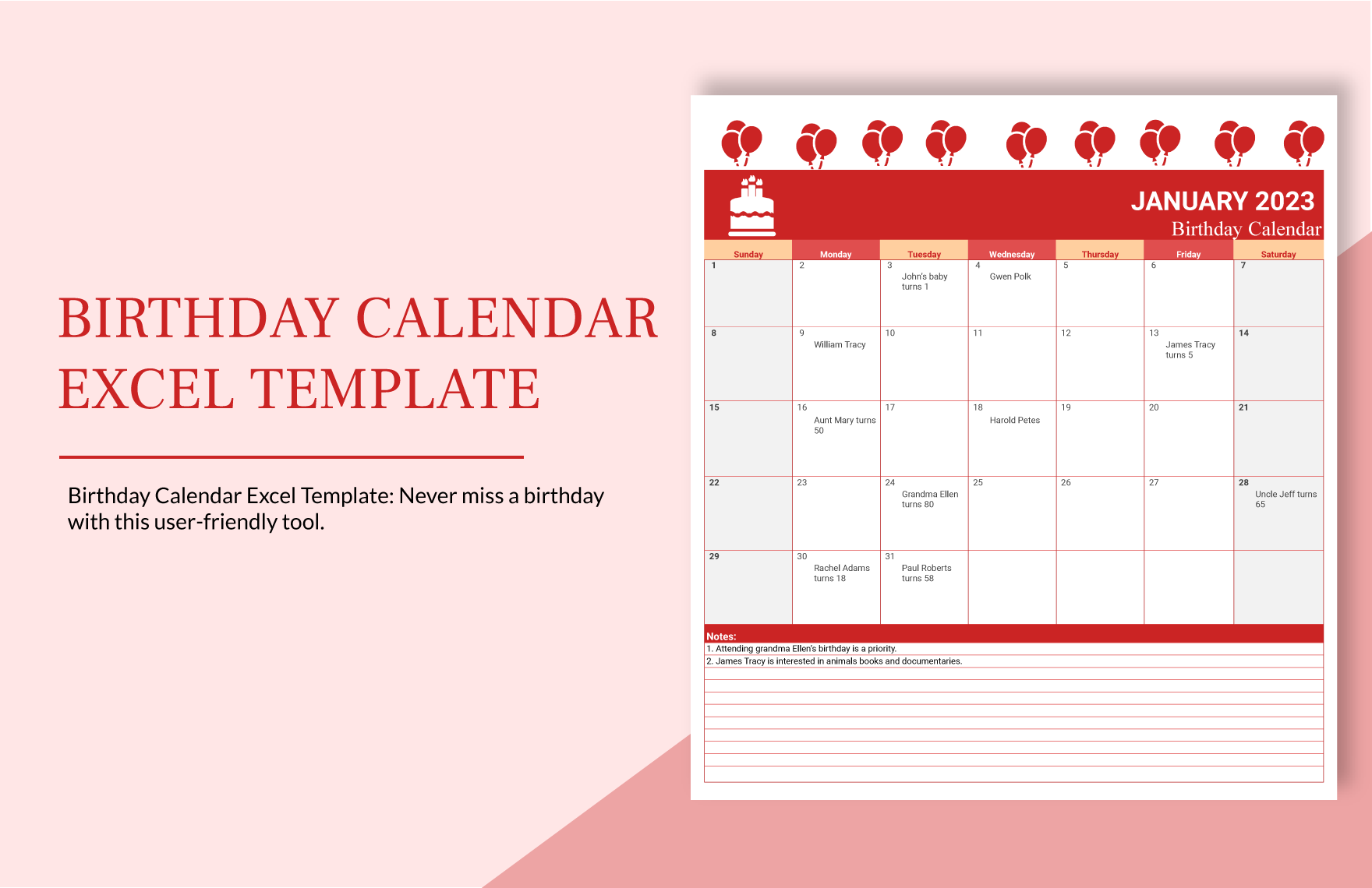 Birthday Calendar Excel Template Google Sheets, Excel