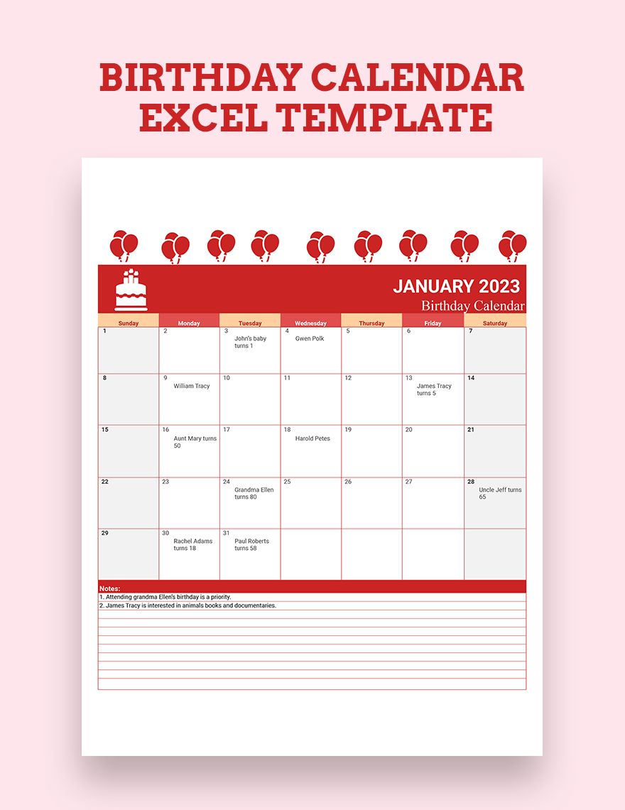 Birthday Calendar Excel Template Google Sheets, Excel