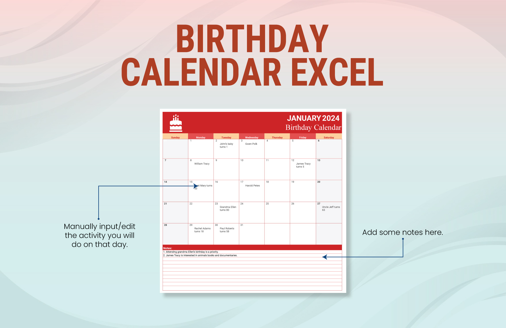Birthday Calendar Excel Template
