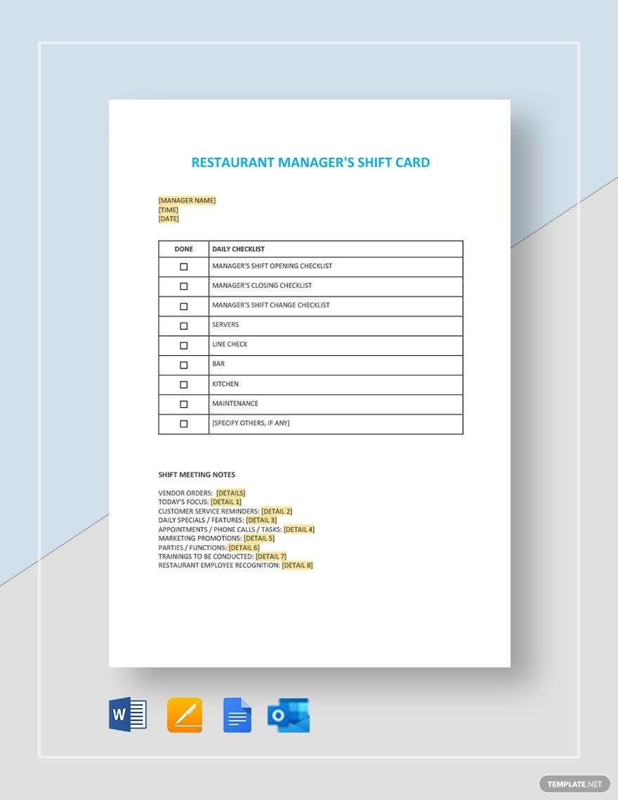 Restaurant Manager's Shift Card Template in Google Docs, Word, Pages - Download | Template.net