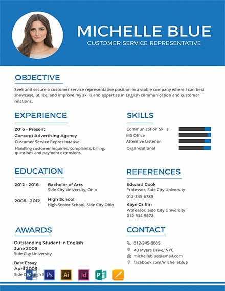 Customer Service Representative Resume Format Template - Illustrator, InDesign, Word, Apple Pages, PSD, Publisher