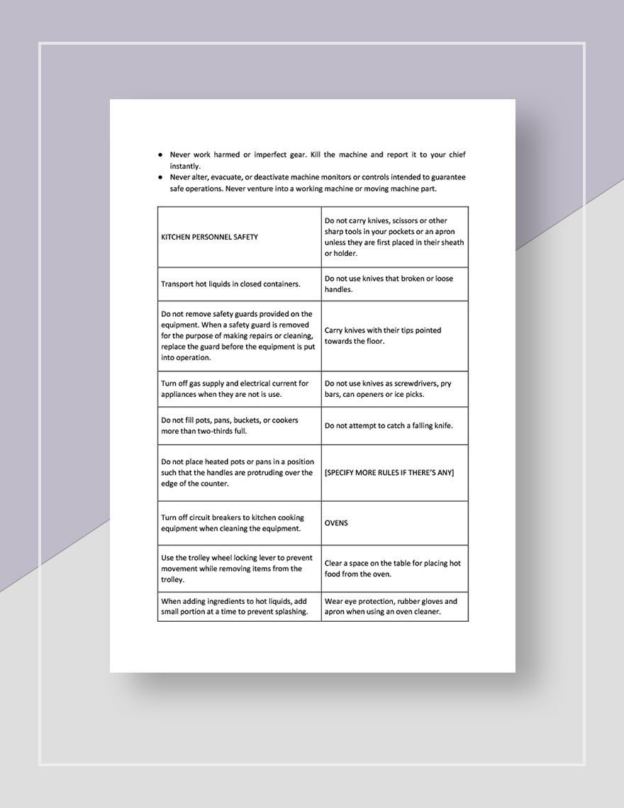 Restaurant General Safety Policy Template