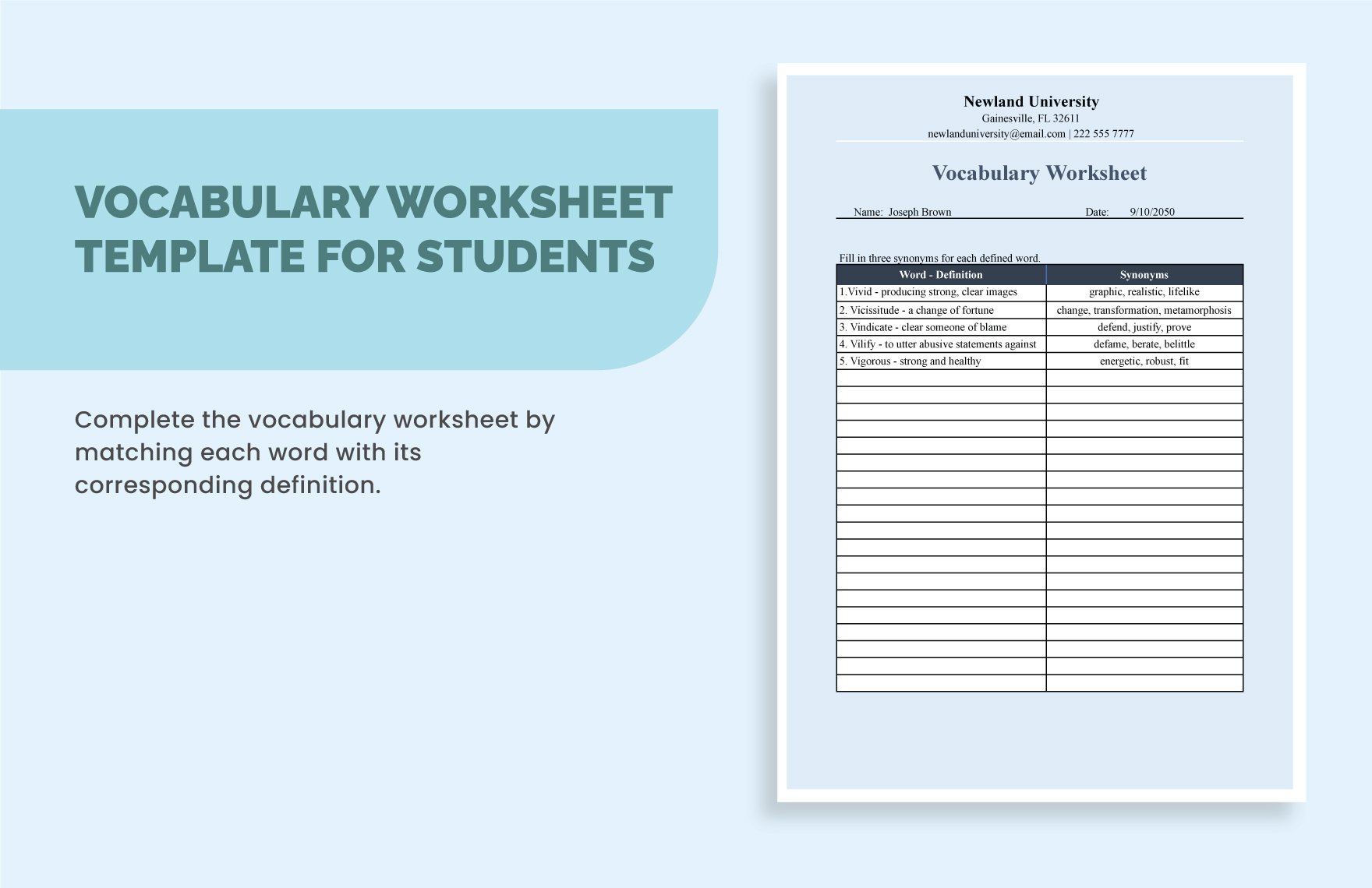 Vocabulary Worksheet Template For Students