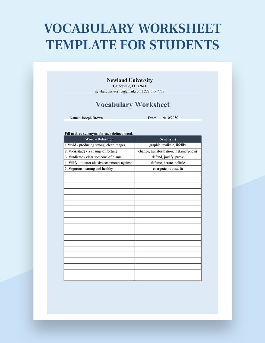 Vocabulary Worksheet Template For Students Excel, Google Sheets