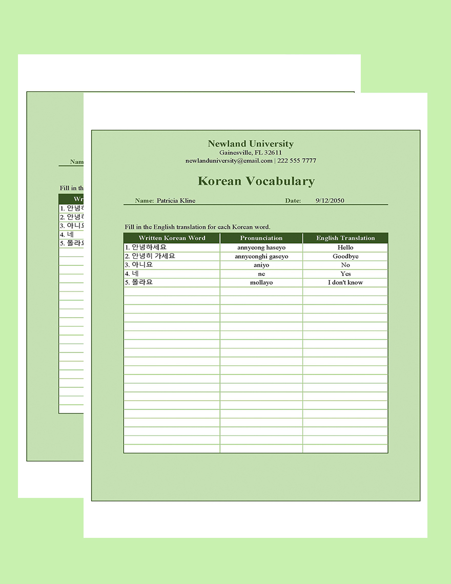 Korean Vocabulary Worksheet - Google Sheets, Excel | Template.net