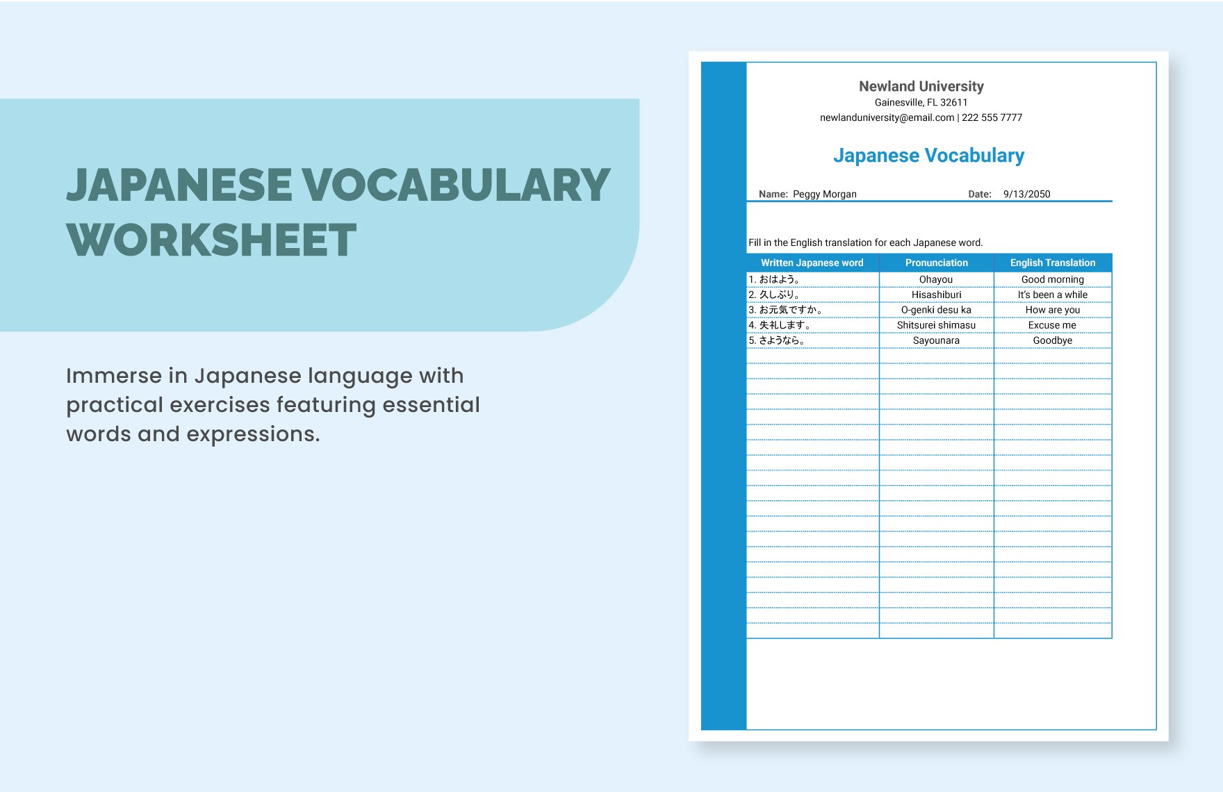 Japanese Vocabulary Worksheet in Excel, Google Sheets