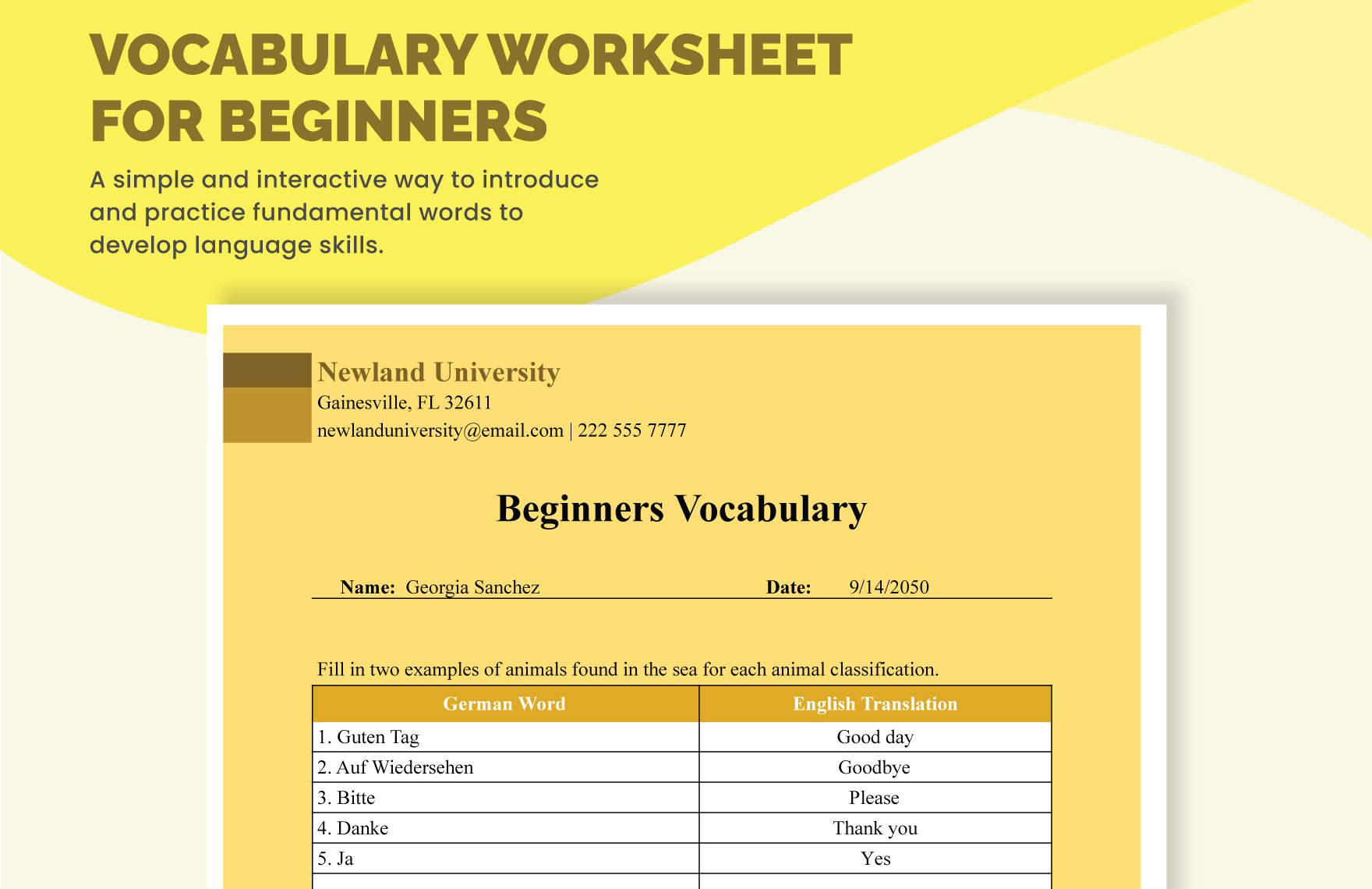 Vocabulary Worksheet for Beginners