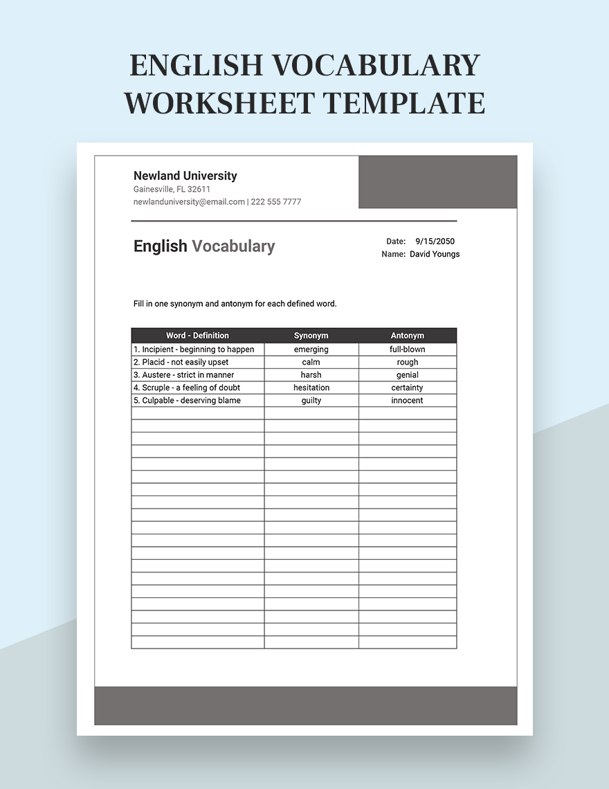 English Vocabulary Worksheet Template Excel, Google Sheets