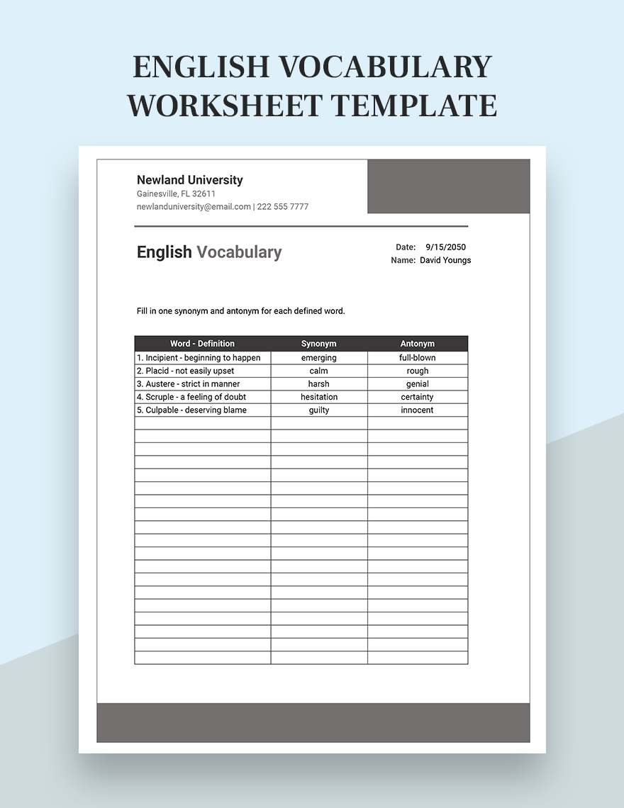 English Vocabulary Worksheet Template Excel Google Sheets Template