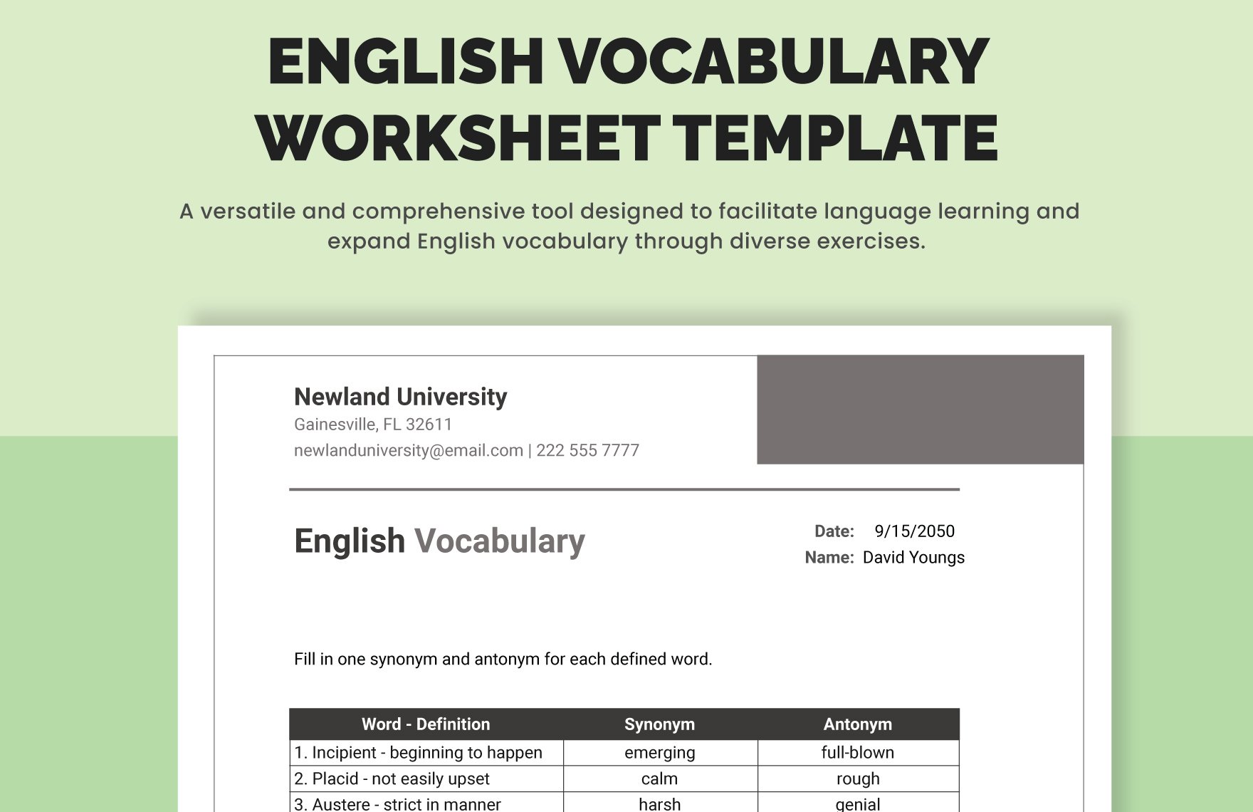 English Vocabulary Worksheet Template
