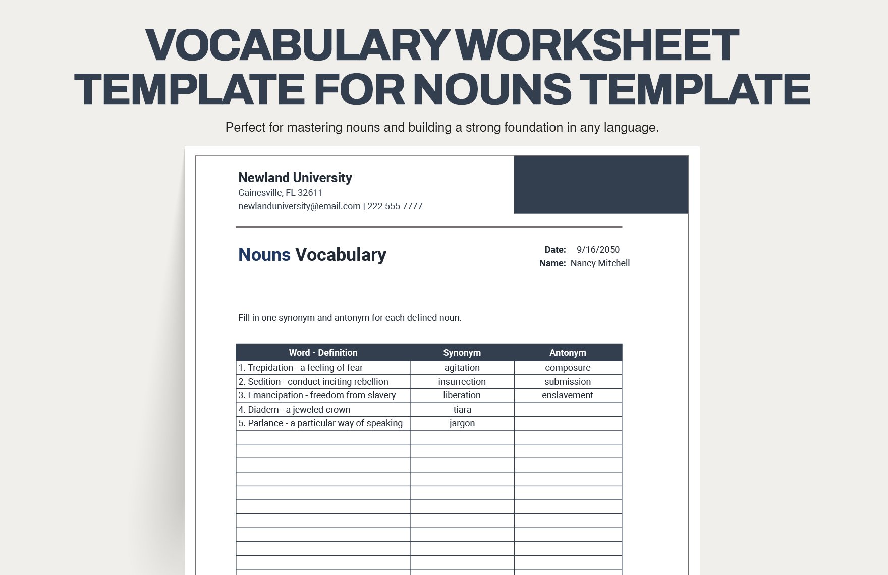 Vocabulary Worksheet Template for Nouns in Excel, Google Sheets