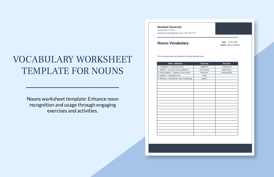 Vocabulary Worksheet Template for Nouns Download in Excel, Google