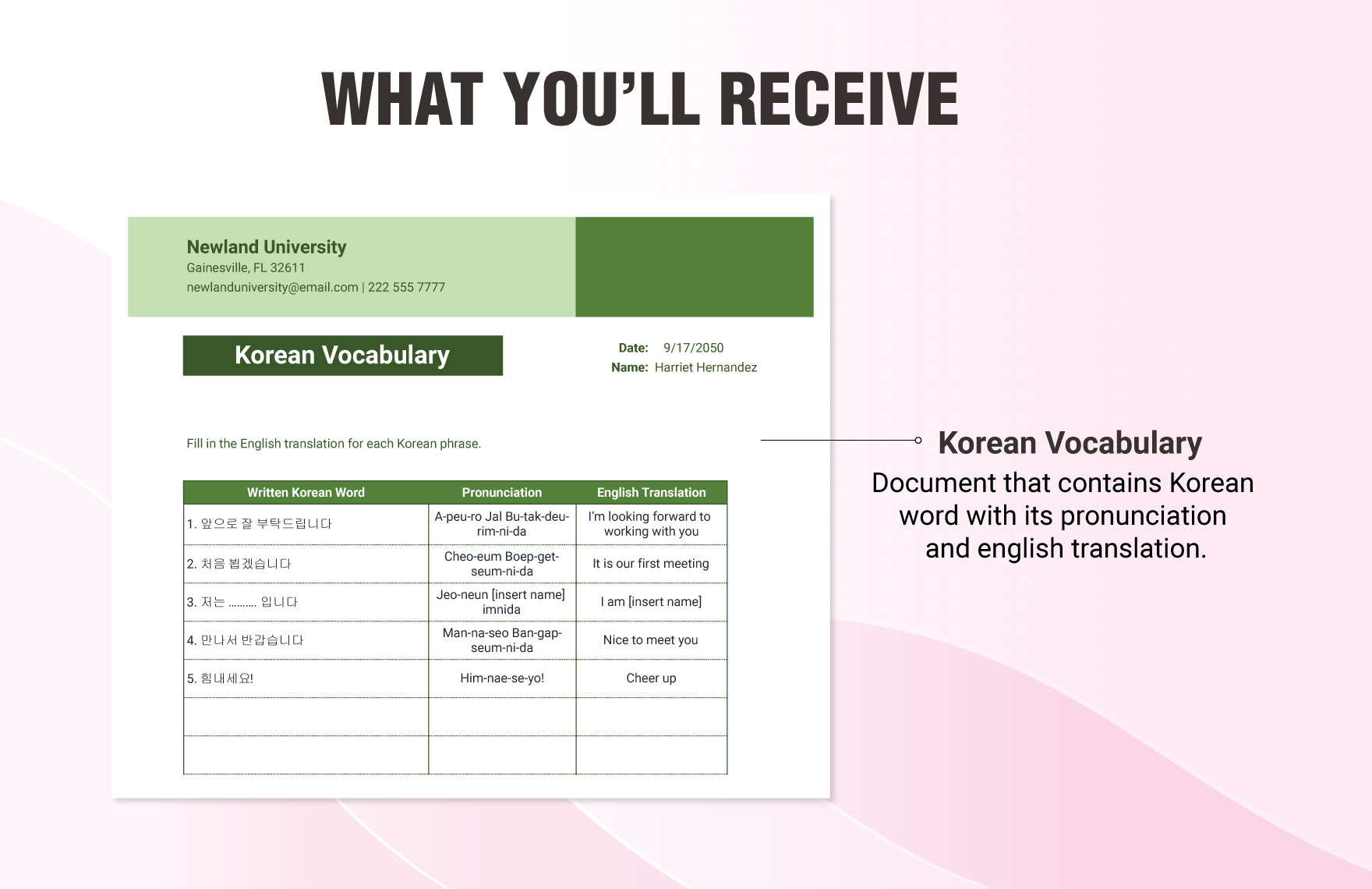 Learning Korean Vocabulary Worksheet Template