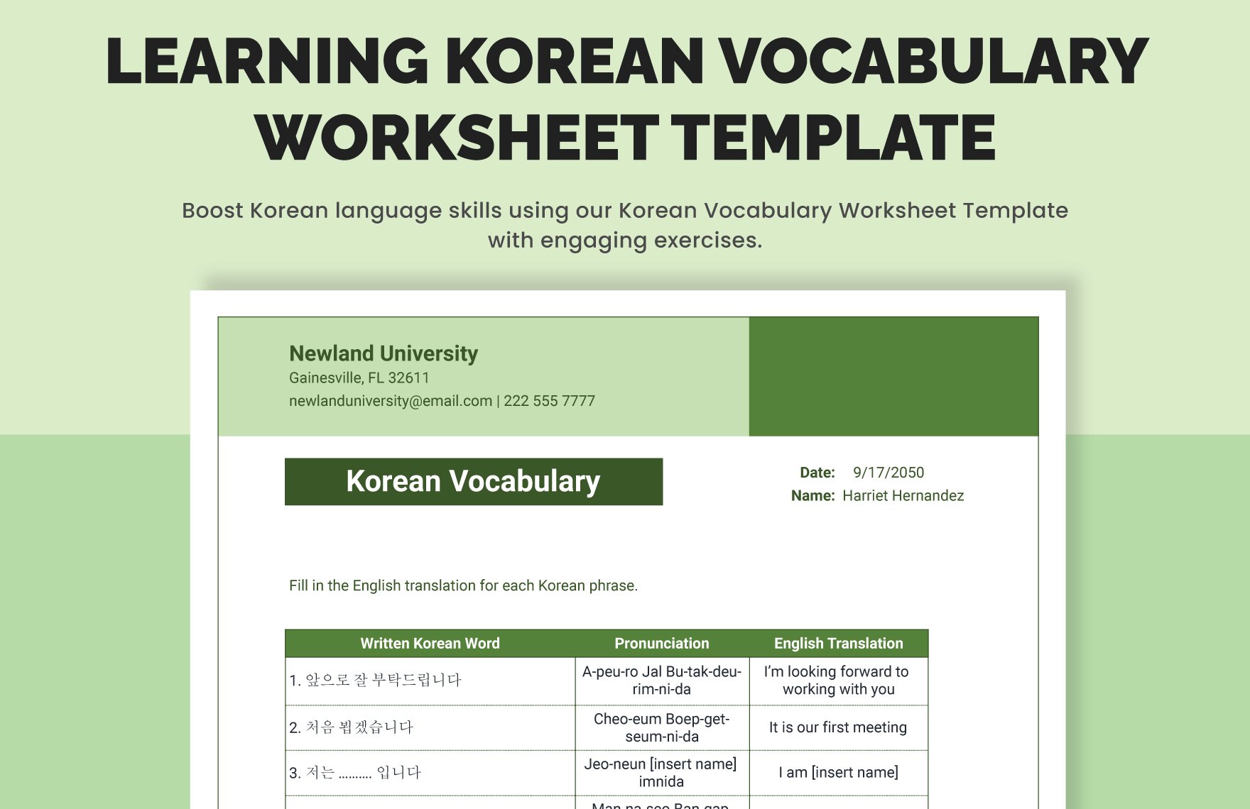Learning Korean Vocabulary Worksheet Template in Excel, Google Sheets