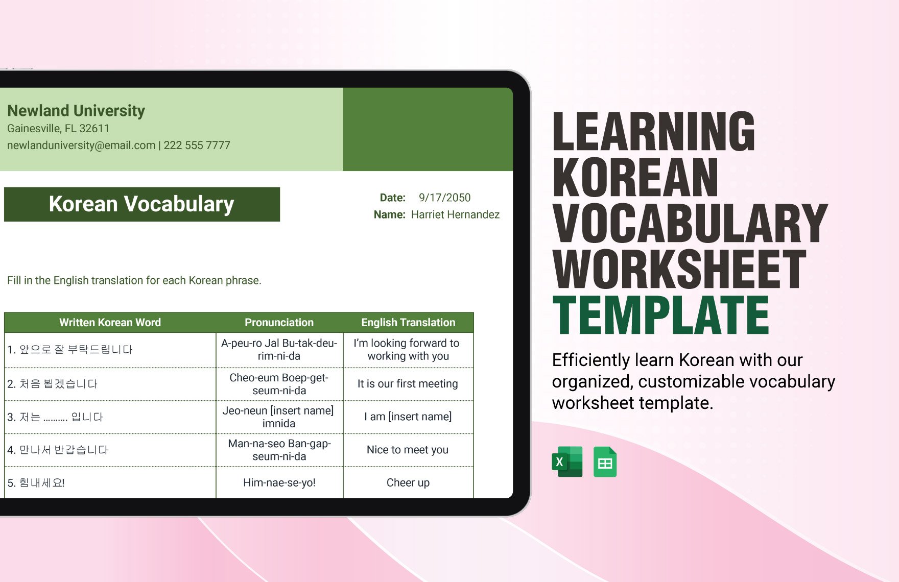 Learning Korean Vocabulary Worksheet Template in Excel, Google Sheets