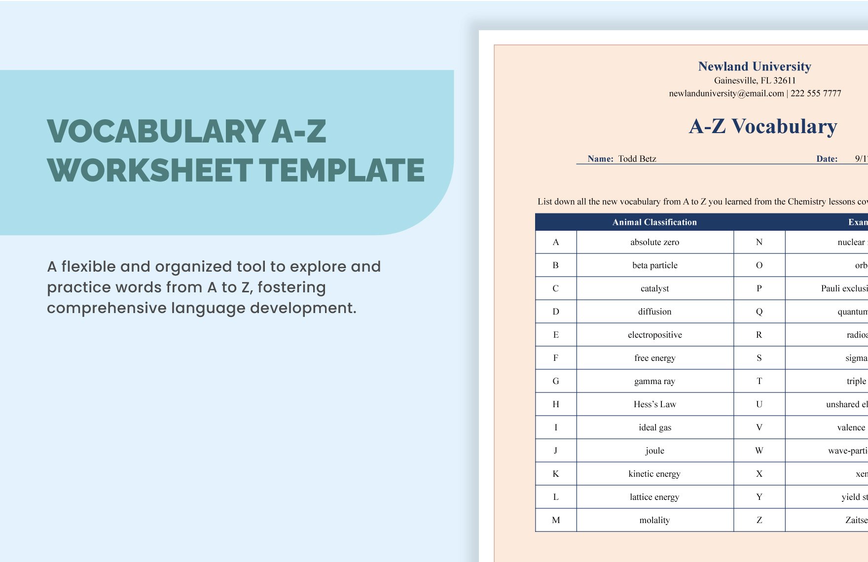 Vocabulary A-Z Worksheet Template in Excel, Google Sheets