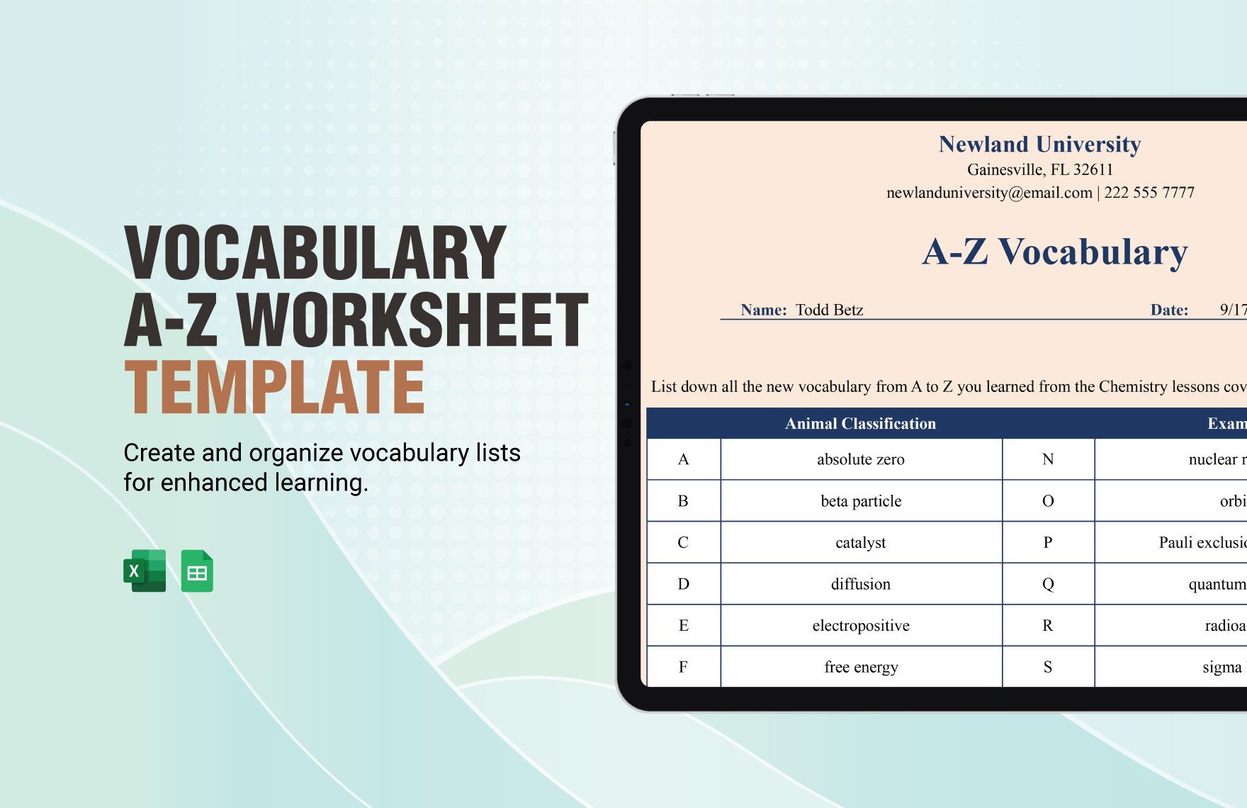 Vocabulary A-Z Worksheet Template in Excel, Google Sheets
