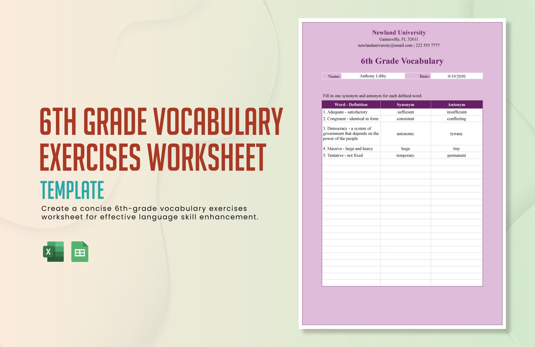 6th Grade Vocabulary Exercises Worksheet Template in Excel, Google Sheets