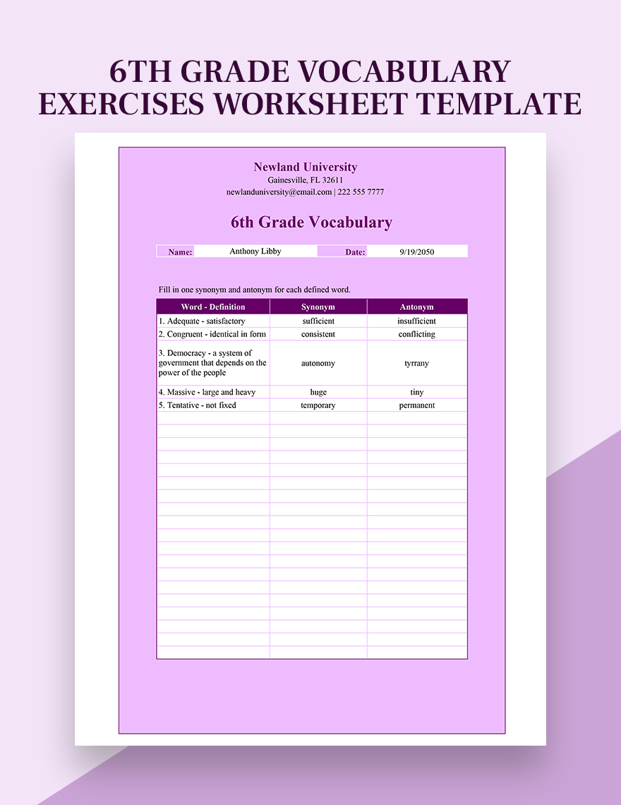 6th Grade Vocabulary Exercises Worksheet Template